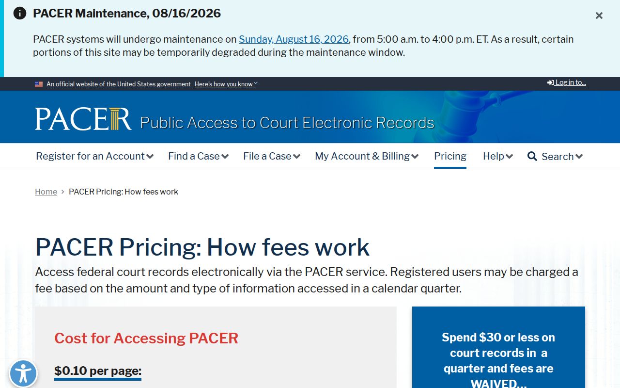 Forkland court docket comparison with federal PACER pricing